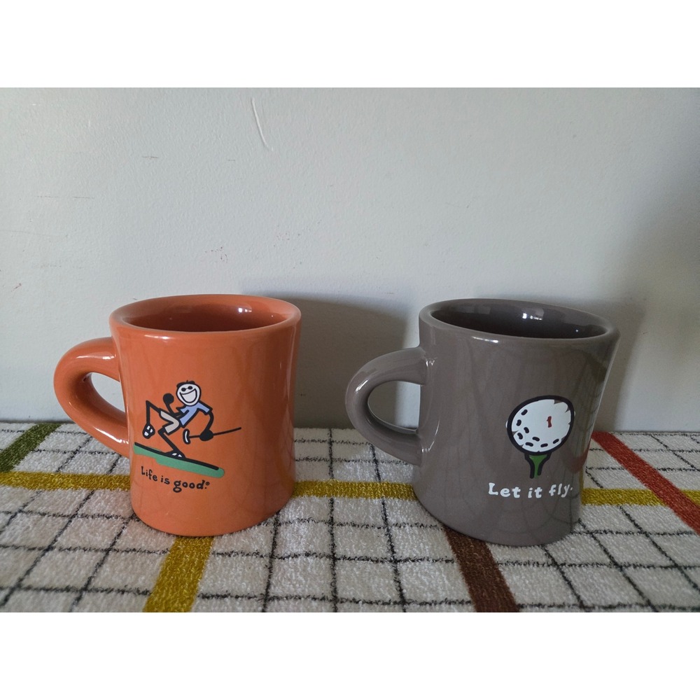 Life is Good Golf Mug Set of 2 Orange Jake Grey Let It Fly Ceramic Coffee Cups